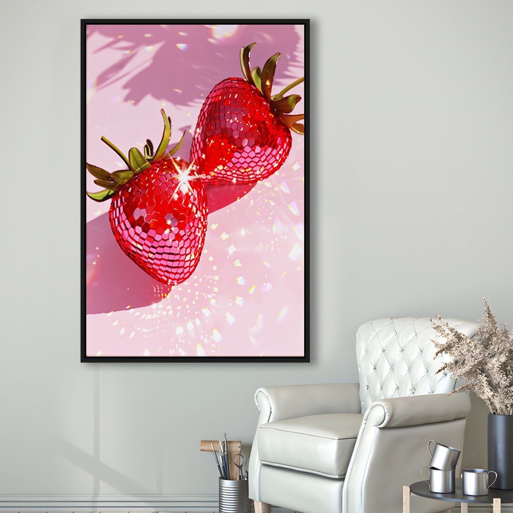 Pink Disco Strawberries Art Glam Disco Ball Red Strawberries Dorm Room V1, Framed Canvas Print Wall Art, Floating Frame
