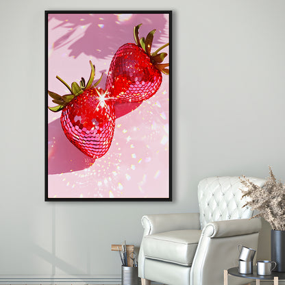 Pink Disco Strawberries Art Glam Disco Ball Red Strawberries Dorm Room V1, Framed Canvas Print Wall Art, Floating Frame