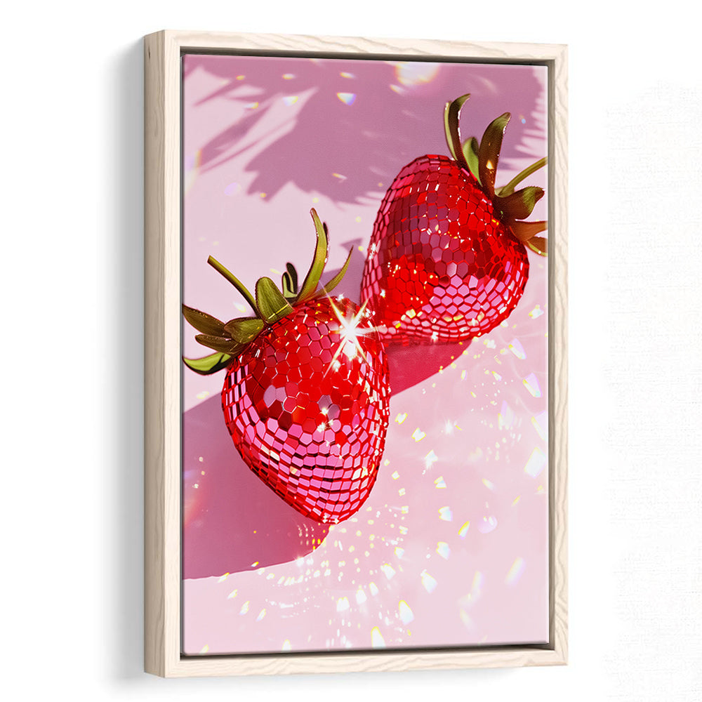 Pink Disco Strawberries Art Glam Disco Ball Red Strawberries Dorm Room V1, Framed Canvas Print Wall Art, Floating Frame