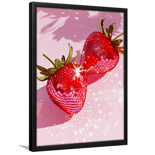 Pink Disco Strawberries Art Print Glam Disco Ball Red Strawberries Dorm Room V1, Framed Art Print Wall Decor, Picture Framed