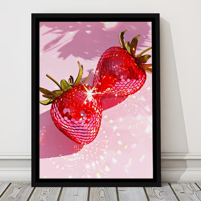 Pink Disco Strawberries Art Glam Disco Ball Red Strawberries Dorm Room V1, Framed Canvas Print Wall Art, Floating Frame