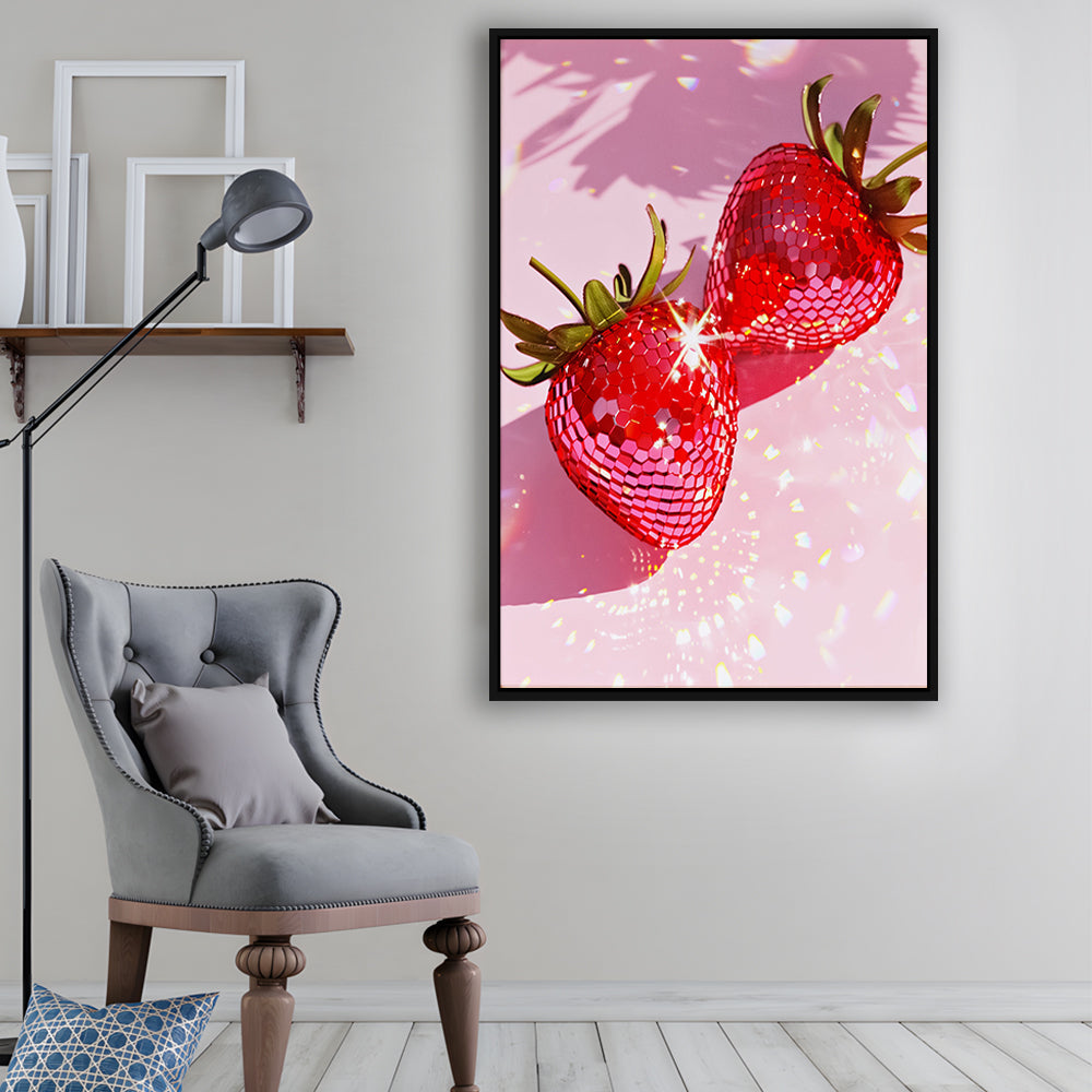Pink Disco Strawberries Art Glam Disco Ball Red Strawberries Dorm Room V1, Framed Canvas Print Wall Art, Floating Frame