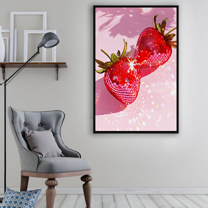 Pink Disco Strawberries Art Glam Disco Ball Red Strawberries Dorm Room V1, Framed Canvas Print Wall Art, Floating Frame
