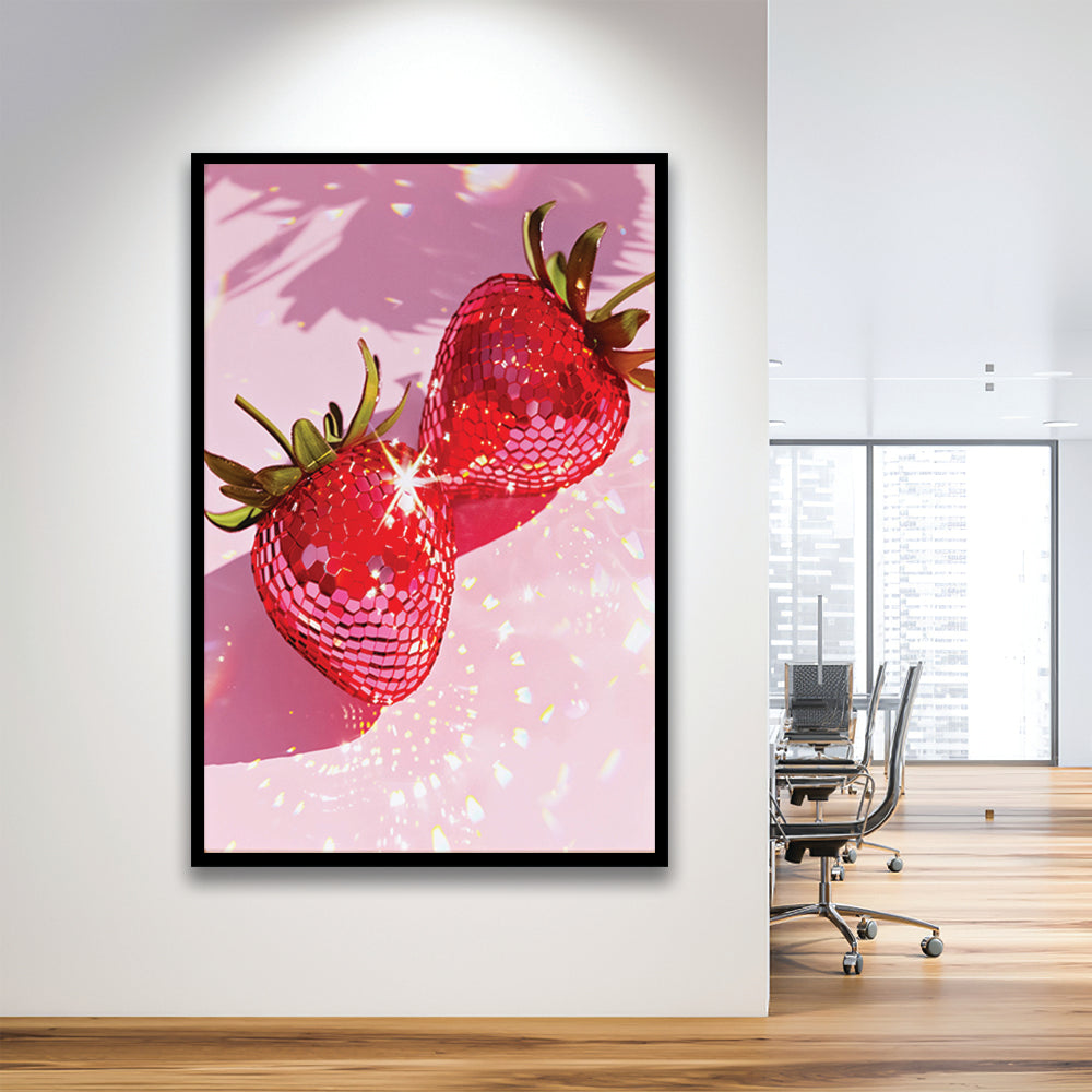 Pink Disco Strawberries Art Print Glam Disco Ball Red Strawberries Dorm Room V1, Framed Art Print Wall Decor, Picture Framed