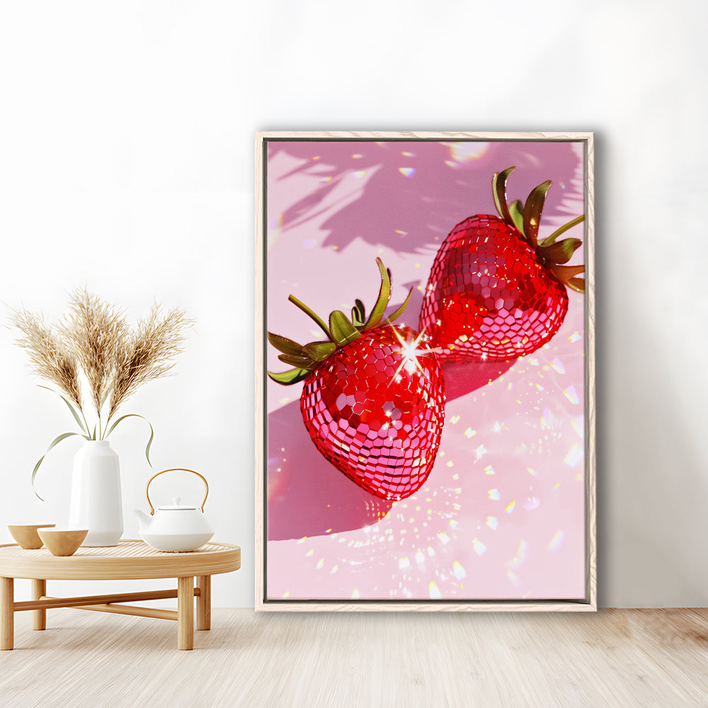 Pink Disco Strawberries Art Glam Disco Ball Red Strawberries Dorm Room V1, Framed Canvas Print Wall Art, Floating Frame