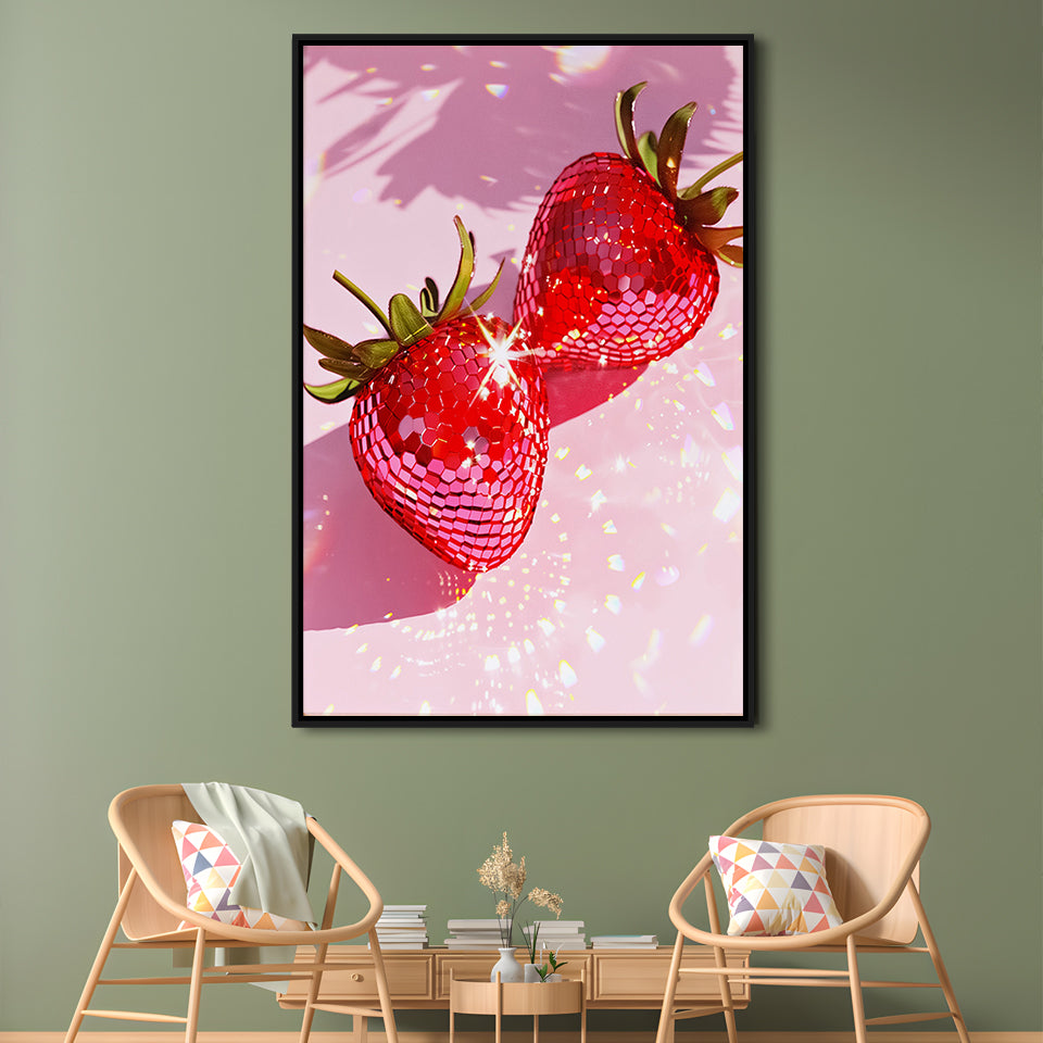 Pink Disco Strawberries Art Glam Disco Ball Red Strawberries Dorm Room V1, Framed Canvas Print Wall Art, Floating Frame