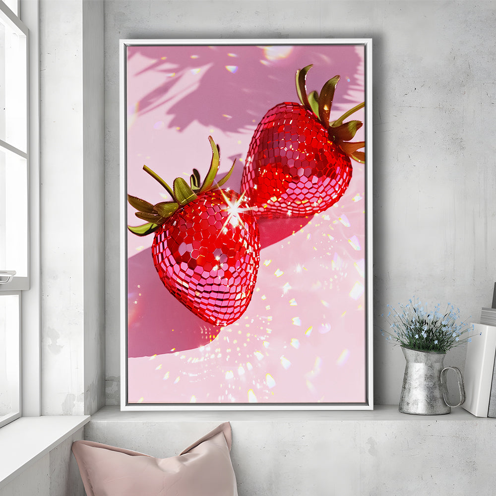 Pink Disco Strawberries Art Glam Disco Ball Red Strawberries Dorm Room V1, Framed Canvas Print Wall Art, Floating Frame