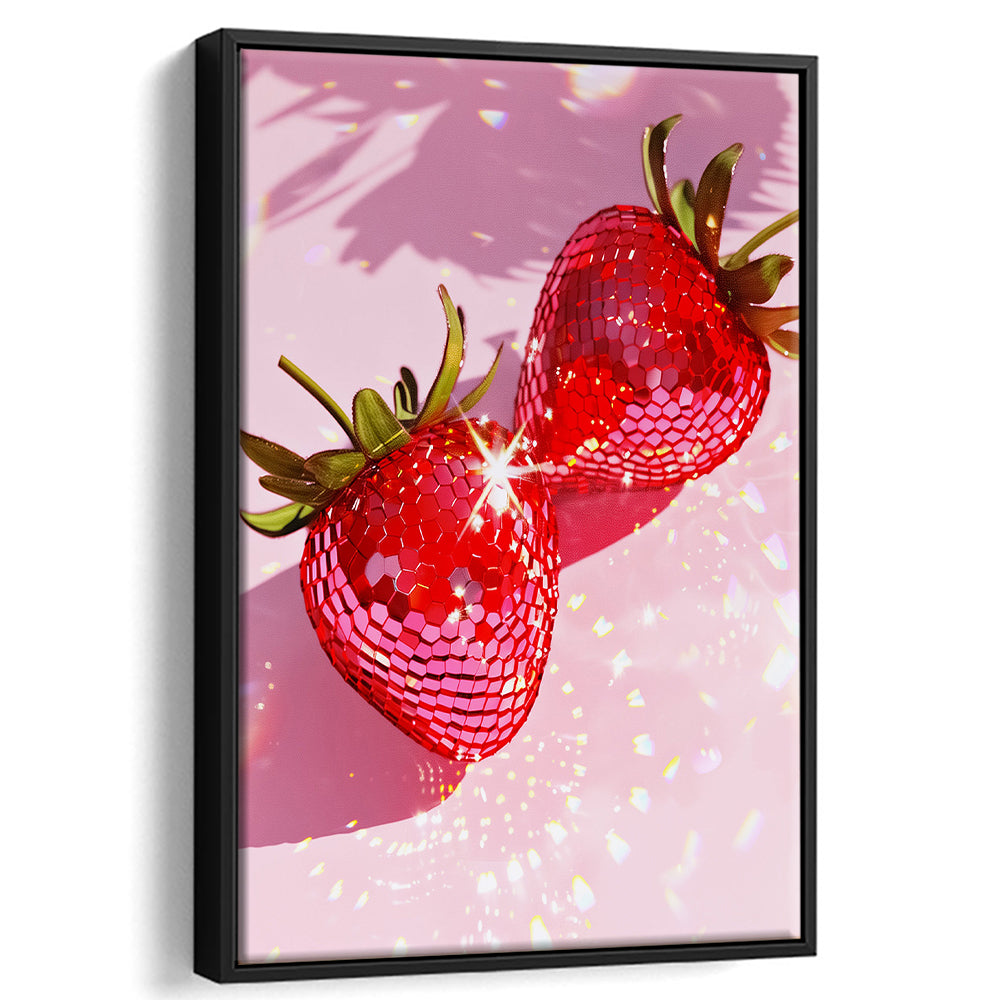 Pink Disco Strawberries Art Glam Disco Ball Red Strawberries Dorm Room V1, Framed Canvas Print Wall Art, Floating Frame