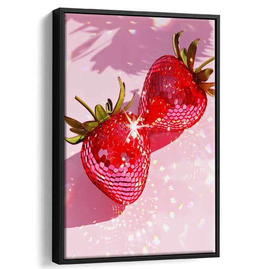 Pink Disco Strawberries Art Glam Disco Ball Red Strawberries Dorm Room V1, Framed Canvas Print Wall Art, Floating Frame