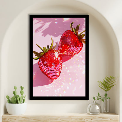 Pink Disco Strawberries Art Print Glam Disco Ball Red Strawberries Dorm Room V1, Framed Art Print Wall Decor, Picture Framed