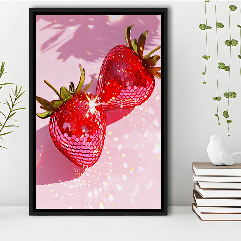 Pink Disco Strawberries Art Glam Disco Ball Red Strawberries Dorm Room V1, Framed Canvas Print Wall Art, Floating Frame