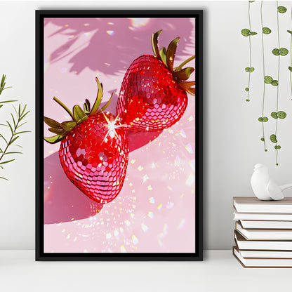 Pink Disco Strawberries Art Glam Disco Ball Red Strawberries Dorm Room V1, Framed Canvas Print Wall Art, Floating Frame
