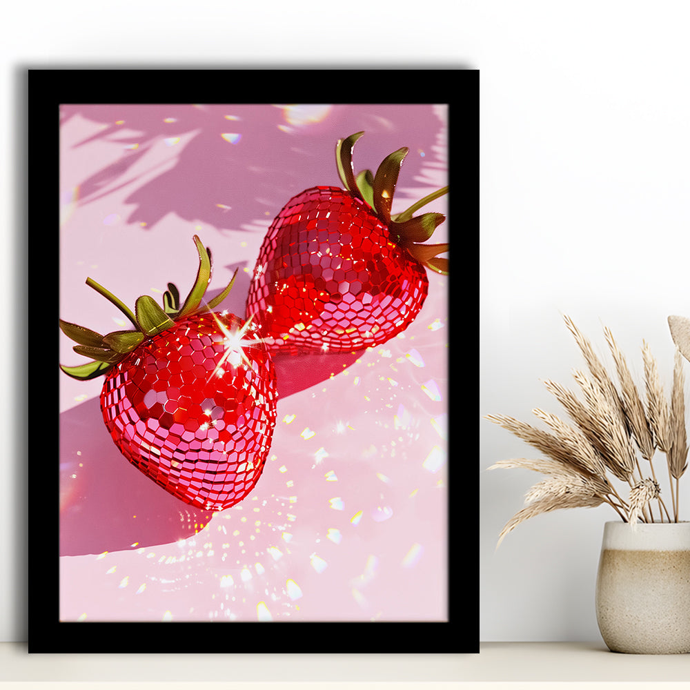 Pink Disco Strawberries Art Print Glam Disco Ball Red Strawberries Dorm Room V1, Framed Art Print Wall Decor, Picture Framed