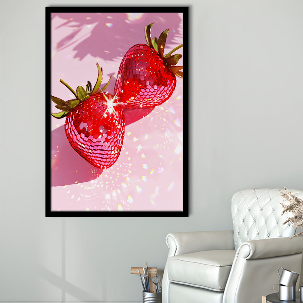 Pink Disco Strawberries Art Print Glam Disco Ball Red Strawberries Dorm Room V1, Framed Art Print Wall Decor, Picture Framed