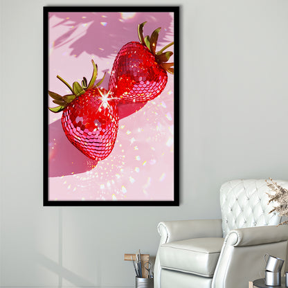 Pink Disco Strawberries Art Print Glam Disco Ball Red Strawberries Dorm Room V1, Framed Art Print Wall Decor, Picture Framed