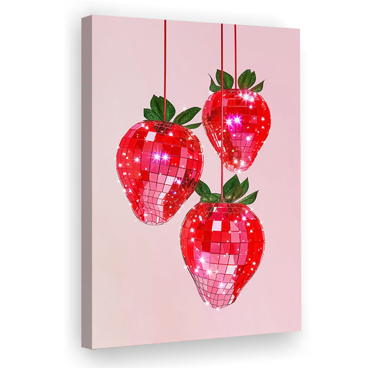 Pink Disco Strawberries Art Print Glam Disco Ball Red Strawberries Kitchen Decor, Canvas Print Wall Art, Wall Decor,