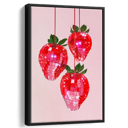 Pink Disco Strawberries Glam Disco Ball Red Strawberries Kitchen Decor, Framed Canvas Print Wall Art, Floating Frame