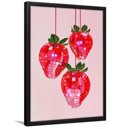 Pink Disco Strawberries Art Print Glam Disco Ball Red Strawberries Kitchen Decor, Framed Art Print Wall Decor, Picture Framed