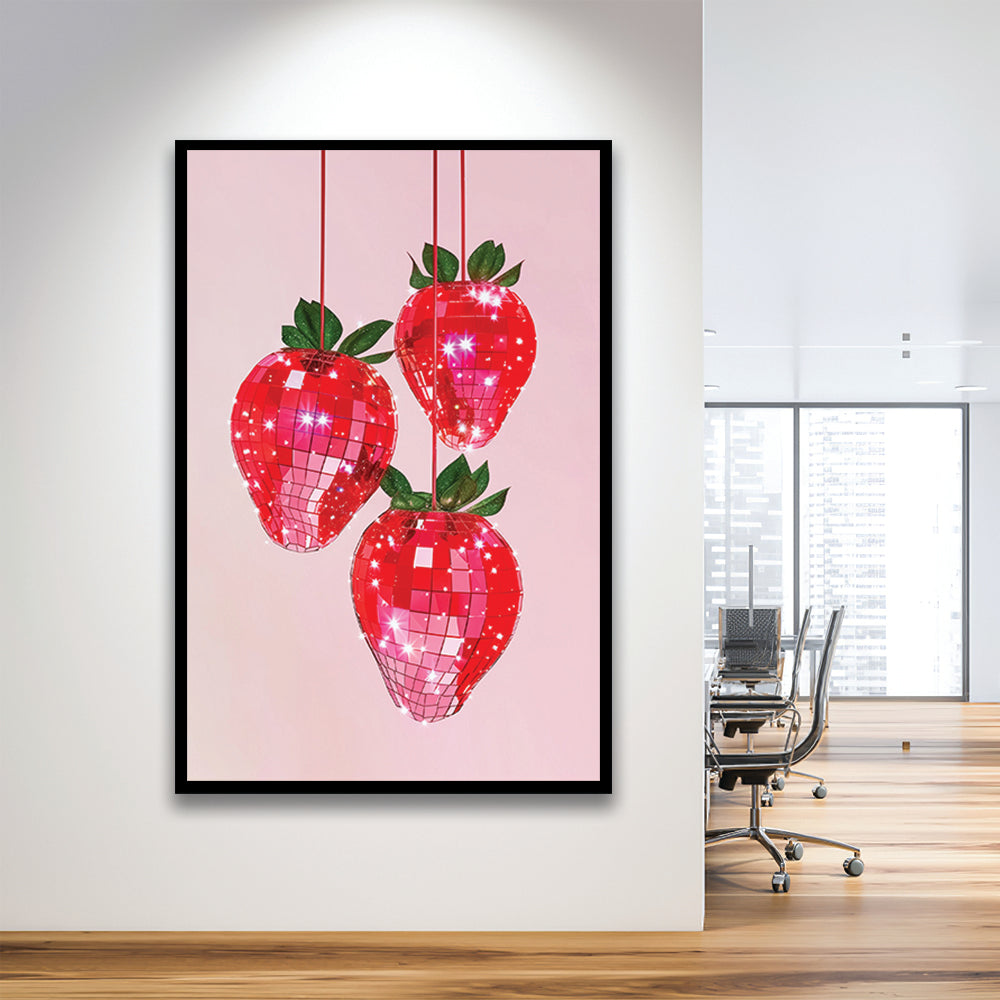 Pink Disco Strawberries Art Print Glam Disco Ball Red Strawberries Kitchen Decor, Framed Art Print Wall Decor, Picture Framed