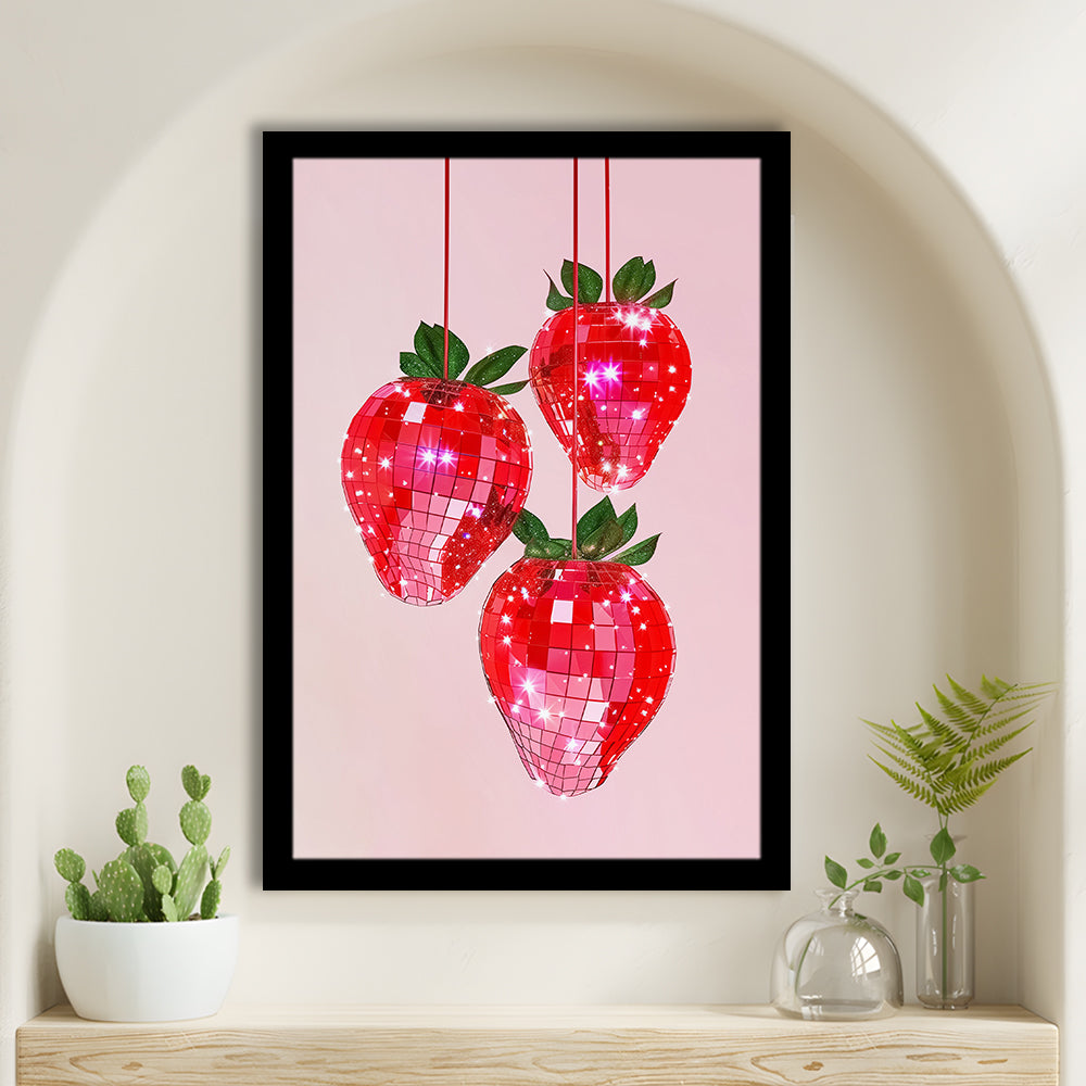 Pink Disco Strawberries Art Print Glam Disco Ball Red Strawberries Kitchen Decor, Framed Art Print Wall Decor, Picture Framed