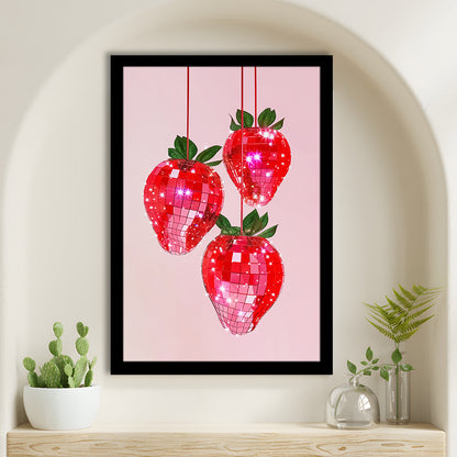 Pink Disco Strawberries Art Print Glam Disco Ball Red Strawberries Kitchen Decor, Framed Art Print Wall Decor, Picture Framed