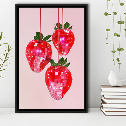 Pink Disco Strawberries Glam Disco Ball Red Strawberries Kitchen Decor, Framed Canvas Print Wall Art, Floating Frame