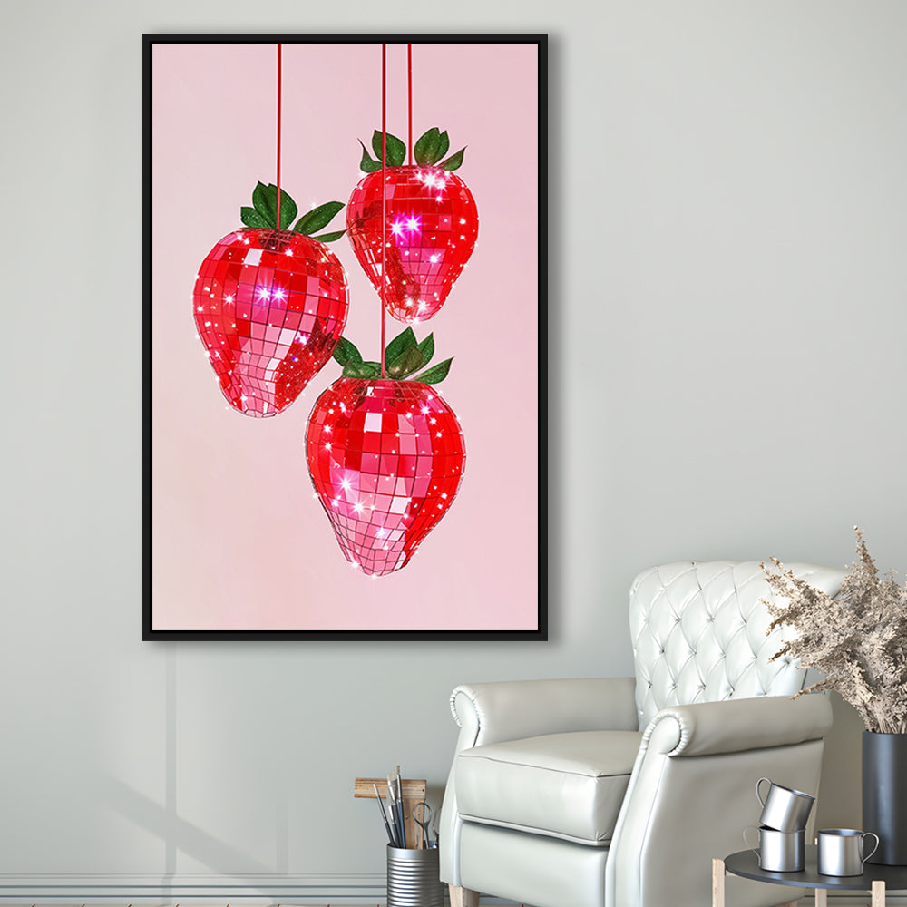 Pink Disco Strawberries Glam Disco Ball Red Strawberries Kitchen Decor, Framed Canvas Print Wall Art, Floating Frame