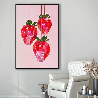 Pink Disco Strawberries Glam Disco Ball Red Strawberries Kitchen Decor, Framed Canvas Print Wall Art, Floating Frame