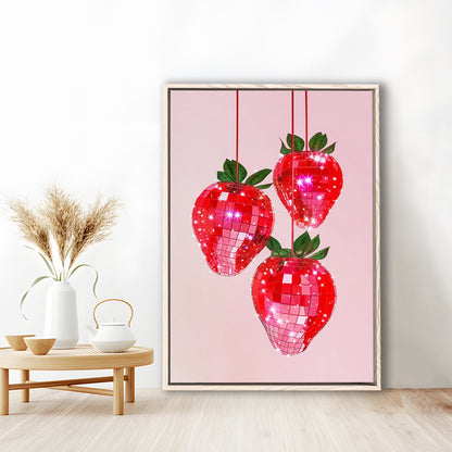 Pink Disco Strawberries Glam Disco Ball Red Strawberries Kitchen Decor, Framed Canvas Print Wall Art, Floating Frame