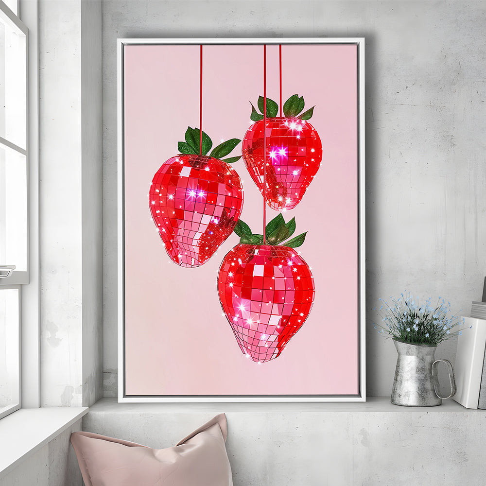 Pink Disco Strawberries Glam Disco Ball Red Strawberries Kitchen Decor, Framed Canvas Print Wall Art, Floating Frame