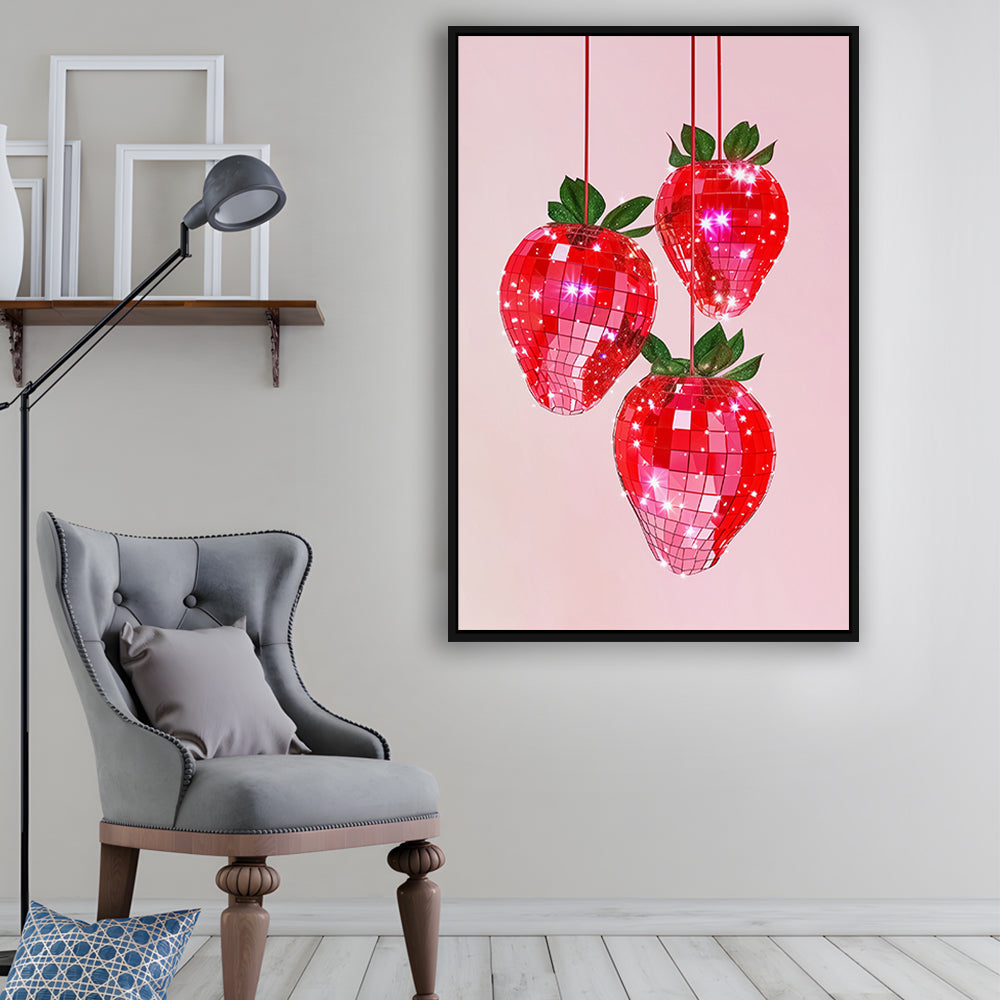 Pink Disco Strawberries Glam Disco Ball Red Strawberries Kitchen Decor, Framed Canvas Print Wall Art, Floating Frame