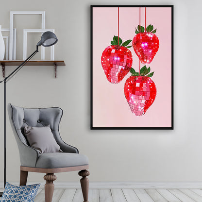 Pink Disco Strawberries Glam Disco Ball Red Strawberries Kitchen Decor, Framed Canvas Print Wall Art, Floating Frame