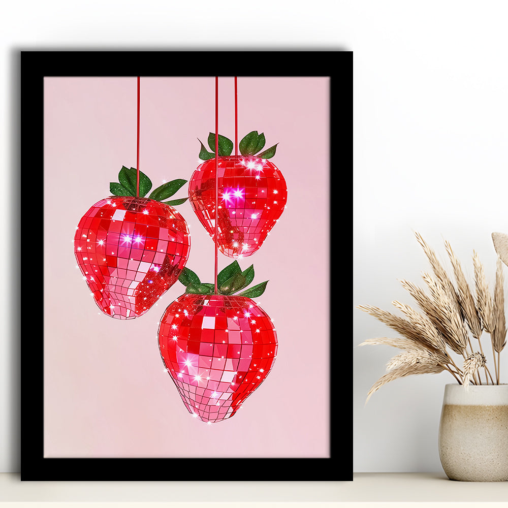 Pink Disco Strawberries Art Print Glam Disco Ball Red Strawberries Kitchen Decor, Framed Art Print Wall Decor, Picture Framed