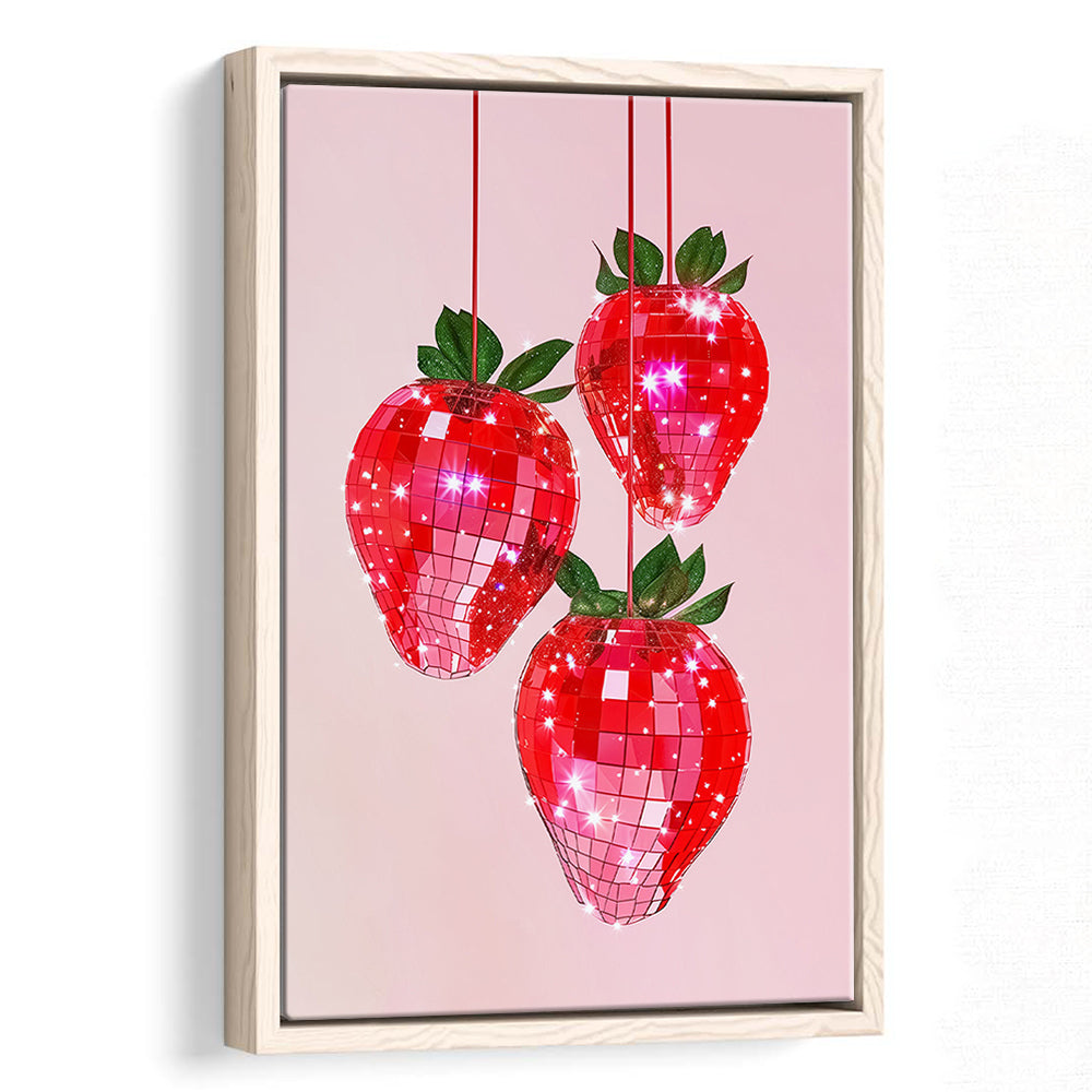 Pink Disco Strawberries Glam Disco Ball Red Strawberries Kitchen Decor, Framed Canvas Print Wall Art, Floating Frame