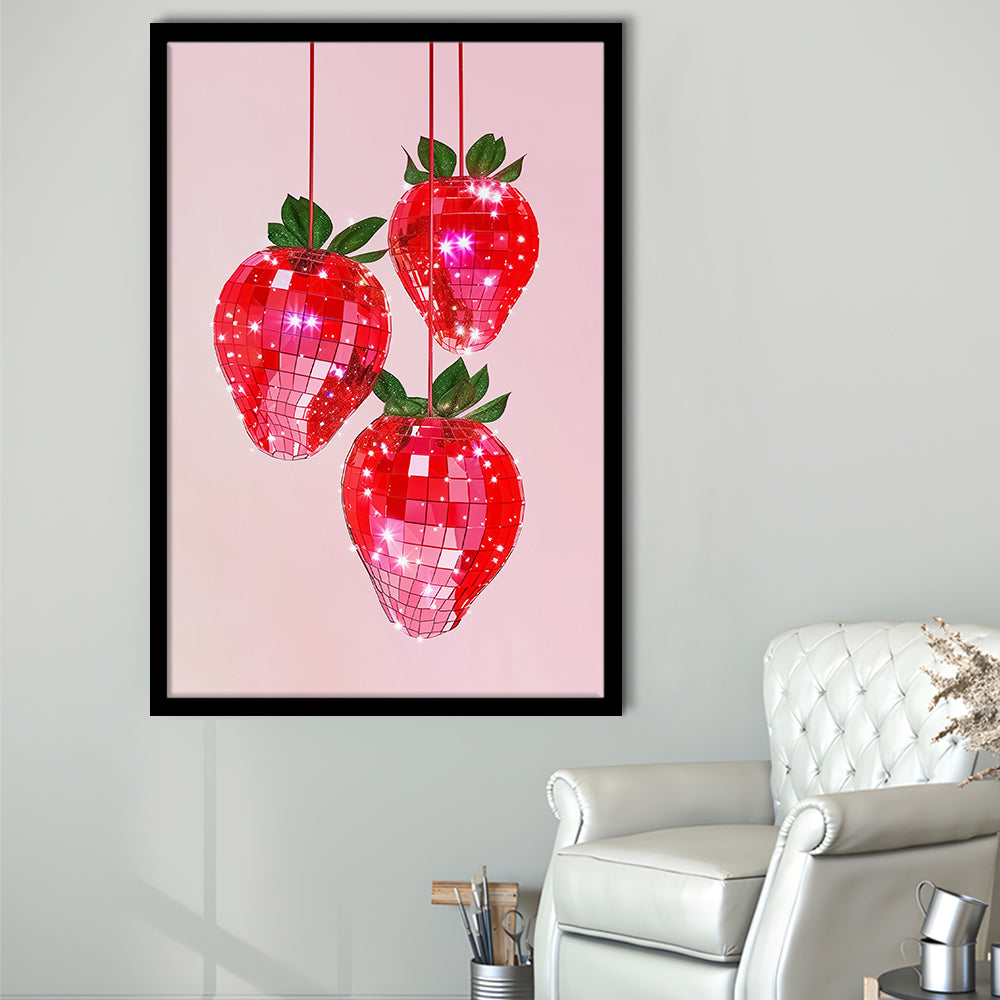 Pink Disco Strawberries Art Print Glam Disco Ball Red Strawberries Kitchen Decor, Framed Art Print Wall Decor, Picture Framed