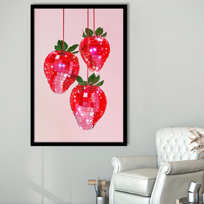 Pink Disco Strawberries Art Print Glam Disco Ball Red Strawberries Kitchen Decor, Framed Art Print Wall Decor, Picture Framed