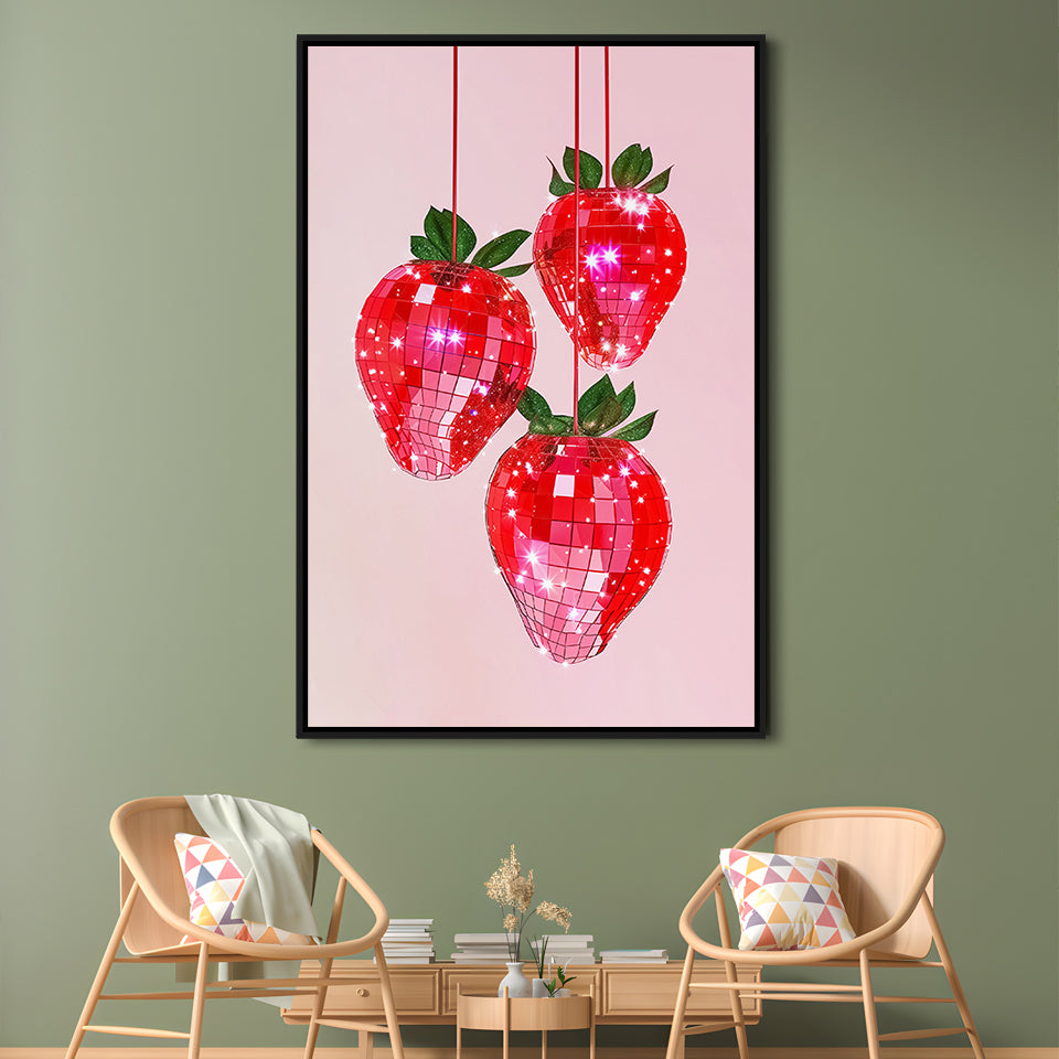 Pink Disco Strawberries Glam Disco Ball Red Strawberries Kitchen Decor, Framed Canvas Print Wall Art, Floating Frame