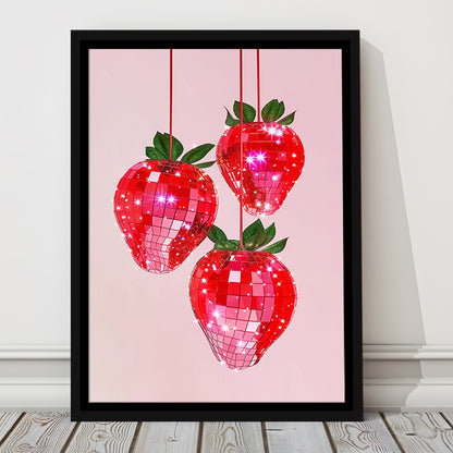 Pink Disco Strawberries Glam Disco Ball Red Strawberries Kitchen Decor, Framed Canvas Print Wall Art, Floating Frame