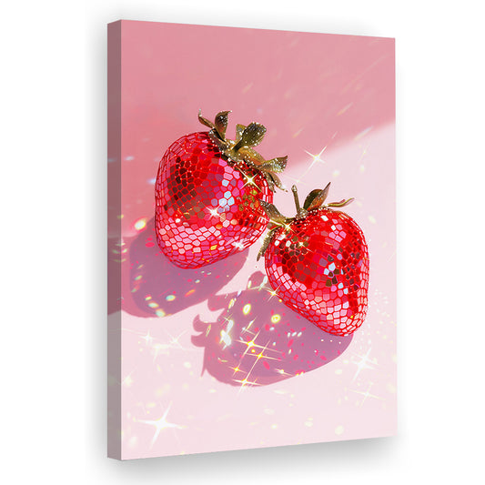 Pink Disco Strawberries Art Print Glam Disco Ball Red Strawberries,Kitchen Decor V2, Canvas Print Wall Art, Wall Decor