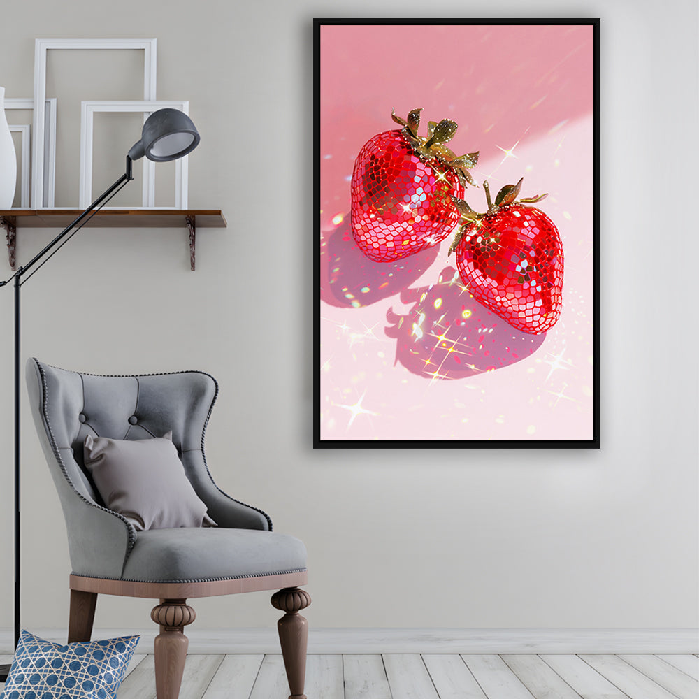 Pink Disco Strawberries Glam Disco Ball Red Strawberries,Kitchen Decor V2, Framed Canvas Print Wall Art, Floating Frame