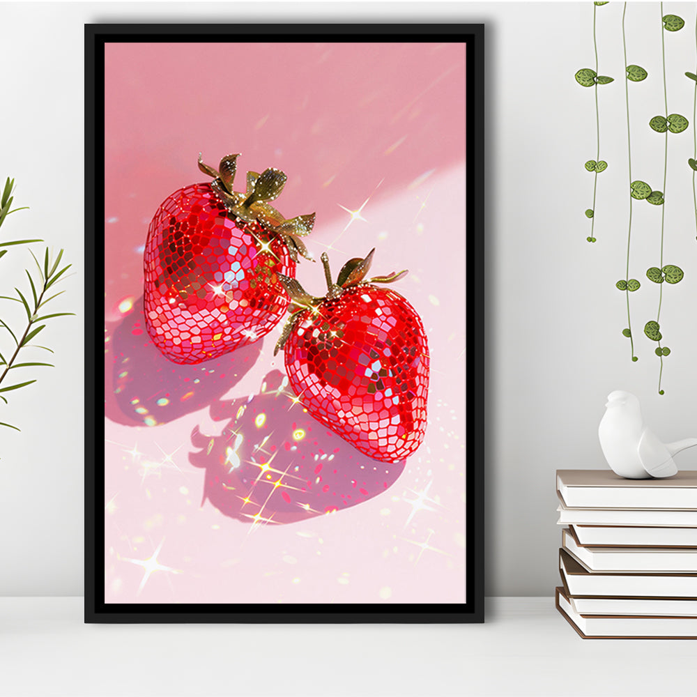 Pink Disco Strawberries Glam Disco Ball Red Strawberries,Kitchen Decor V2, Framed Canvas Print Wall Art, Floating Frame