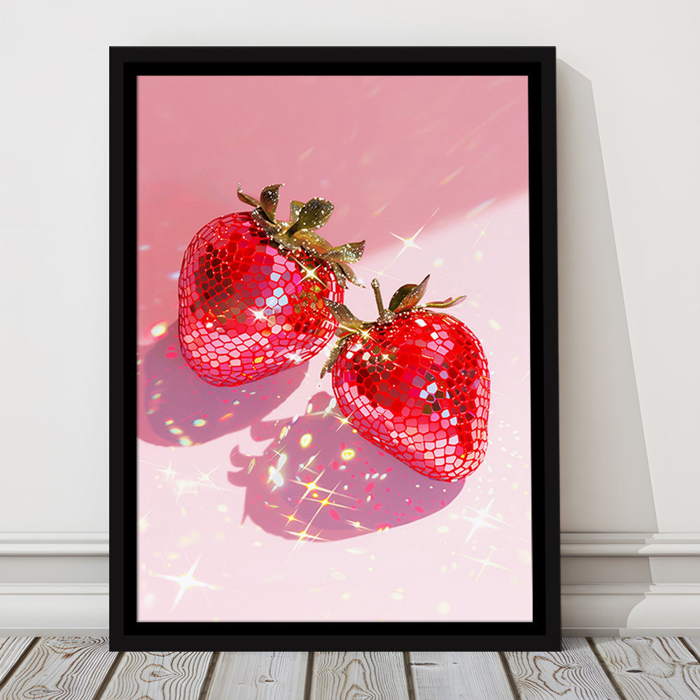 Pink Disco Strawberries Glam Disco Ball Red Strawberries,Kitchen Decor V2, Framed Canvas Print Wall Art, Floating Frame