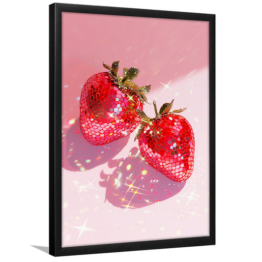 Pink Disco Strawberries Glam Disco Ball Red Strawberries,Kitchen Decor V2, Framed Art Print Wall Decor, Picture Framed