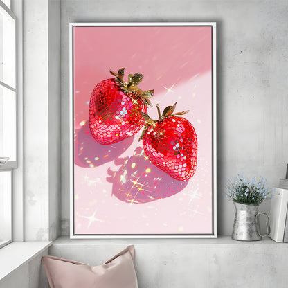 Pink Disco Strawberries Glam Disco Ball Red Strawberries,Kitchen Decor V2, Framed Canvas Print Wall Art, Floating Frame