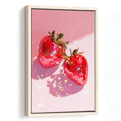 Pink Disco Strawberries Glam Disco Ball Red Strawberries,Kitchen Decor V2, Framed Canvas Print Wall Art, Floating Frame