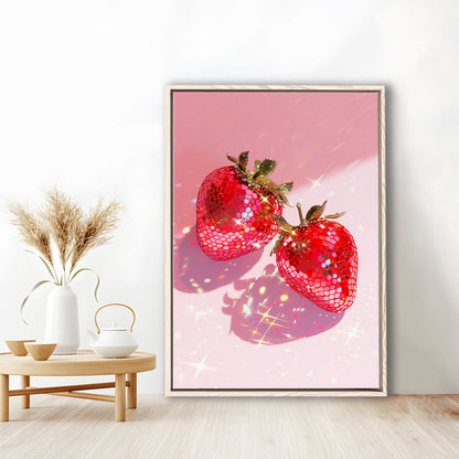 Pink Disco Strawberries Glam Disco Ball Red Strawberries,Kitchen Decor V2, Framed Canvas Print Wall Art, Floating Frame