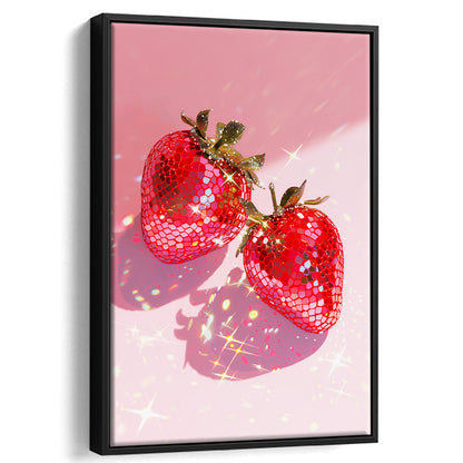 Pink Disco Strawberries Glam Disco Ball Red Strawberries,Kitchen Decor V2, Framed Canvas Print Wall Art, Floating Frame