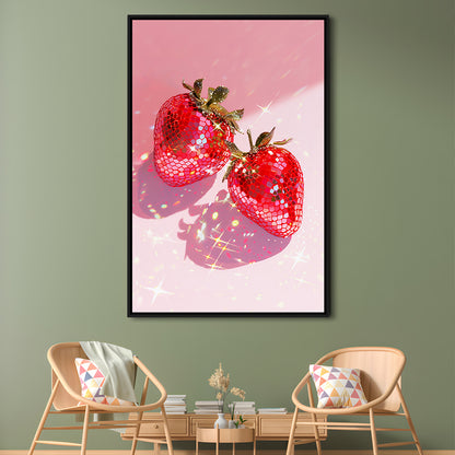Pink Disco Strawberries Glam Disco Ball Red Strawberries,Kitchen Decor V2, Framed Canvas Print Wall Art, Floating Frame