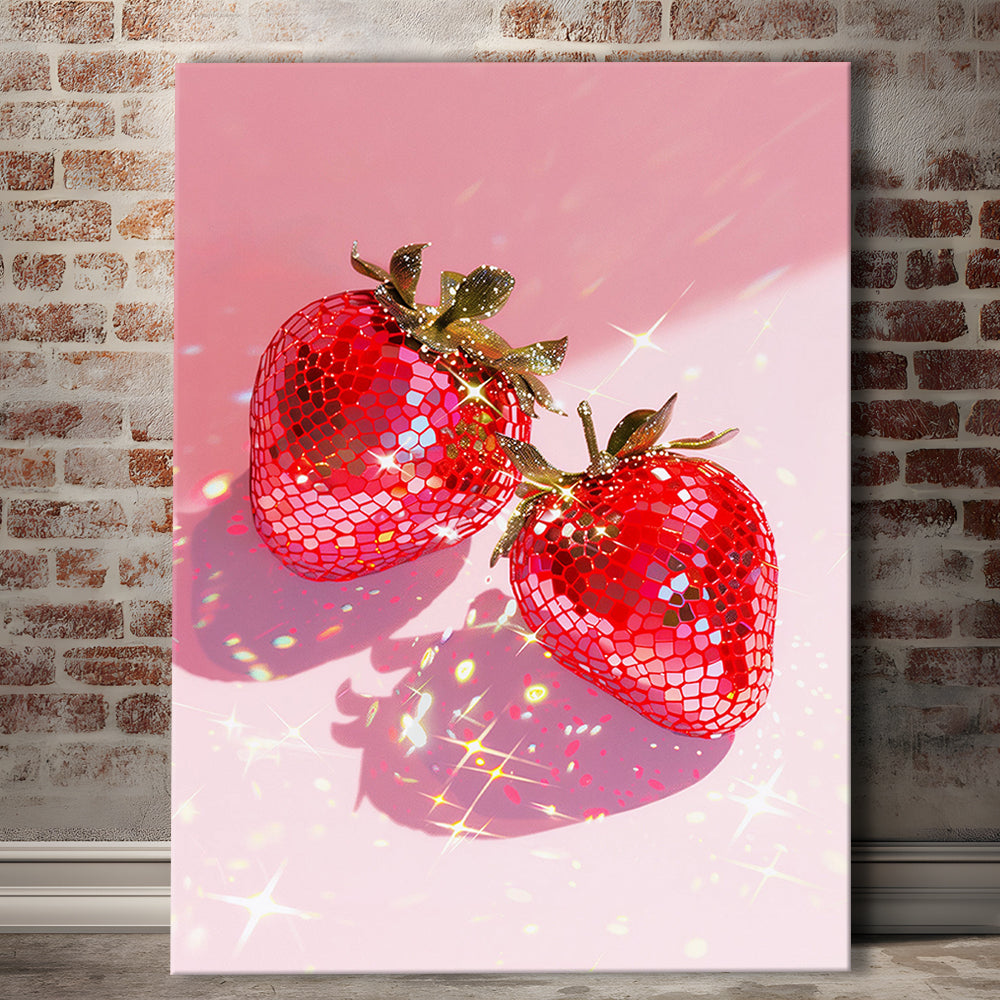 Pink Disco Strawberries Art Print Glam Disco Ball Red Strawberries