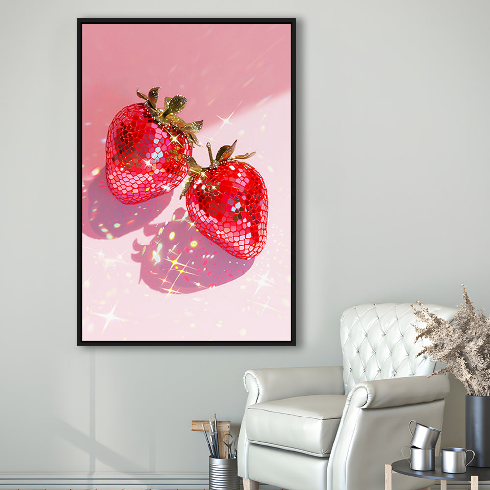 Pink Disco Strawberries Glam Disco Ball Red Strawberries,Kitchen Decor V2, Framed Canvas Print Wall Art, Floating Frame